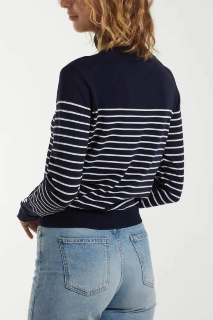 Navy Striped Polo Neck Knitted Jumper