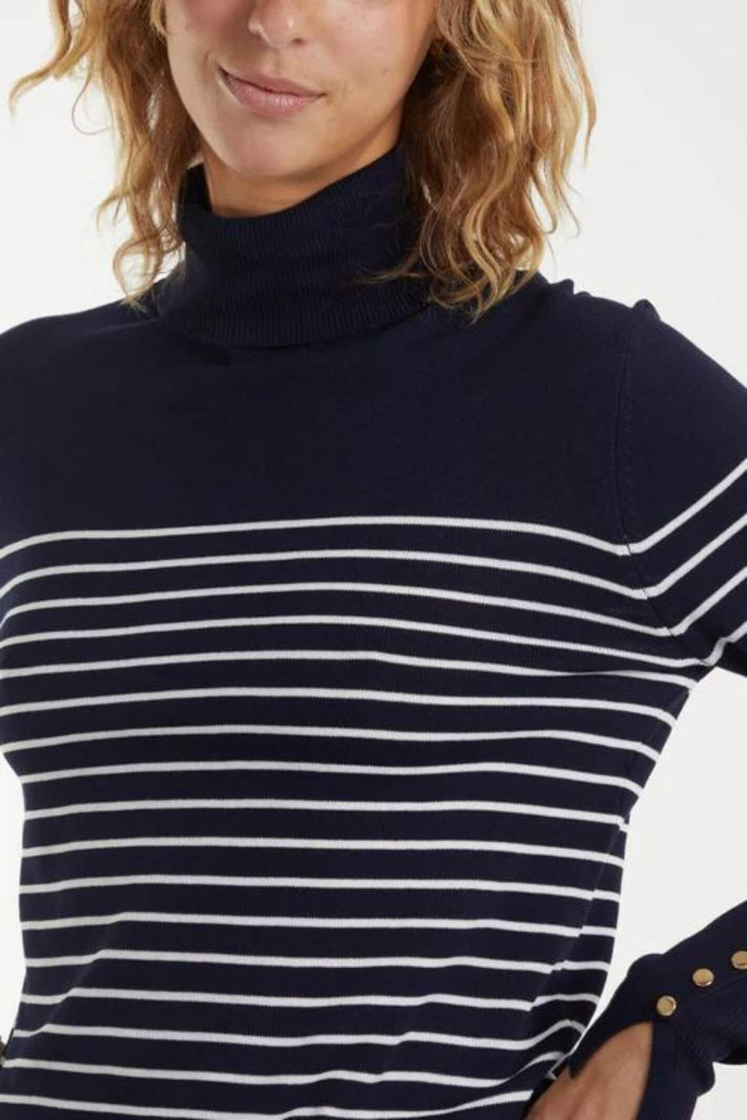 Navy Striped Polo Neck Knitted Jumper