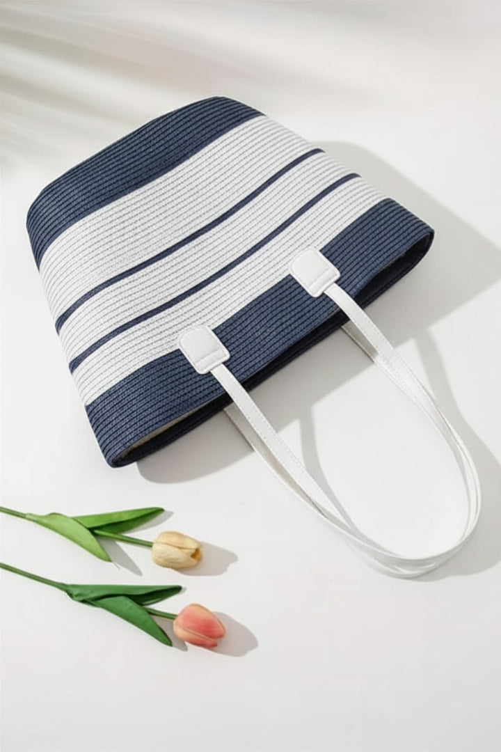Navy &amp; White Medium Size Striped Straw Basket Bag