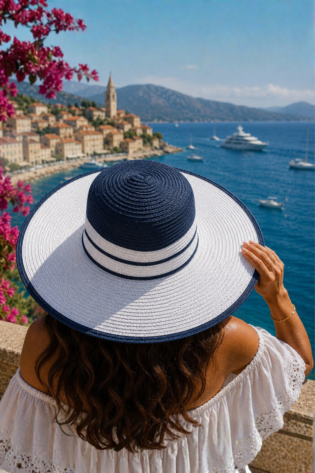 Navy &amp; White Striped Straw Sun Hat