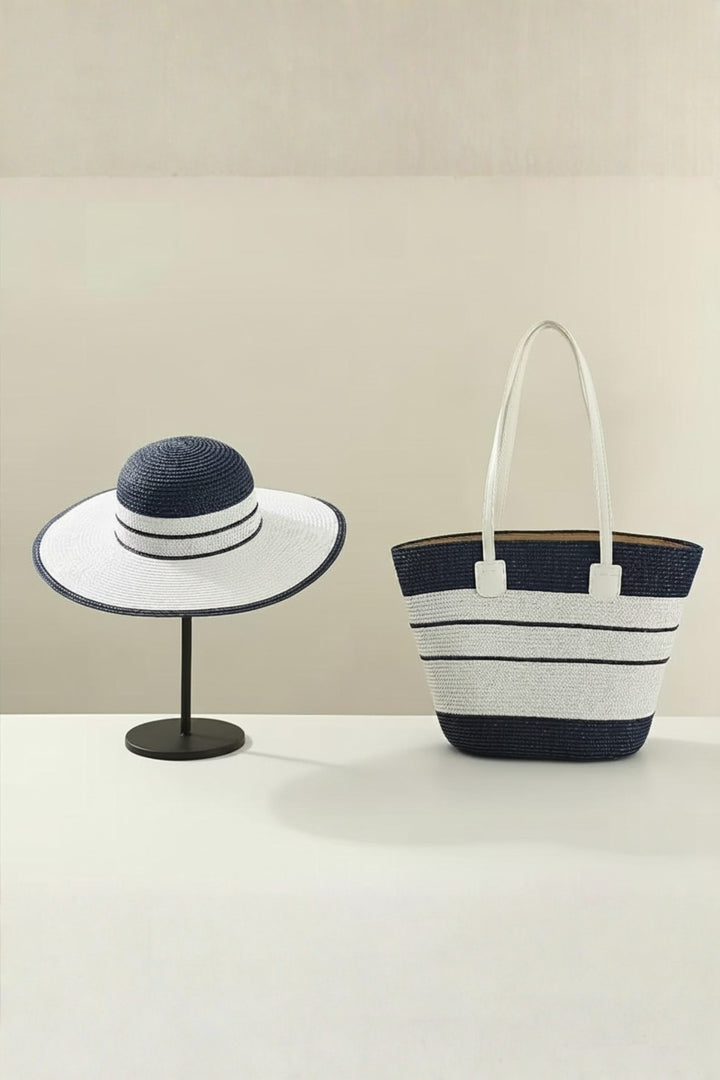 Navy &amp; White Medium Size Striped Straw Basket Bag
