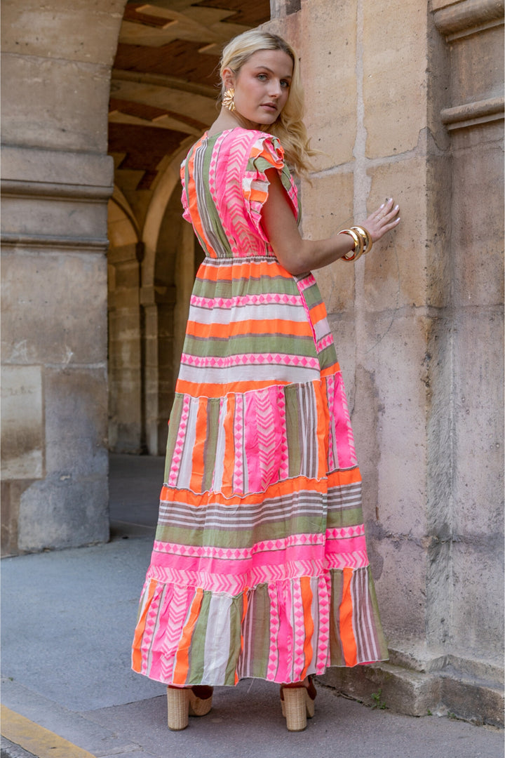 Neon Aztek Print Tiered Maxi Dress