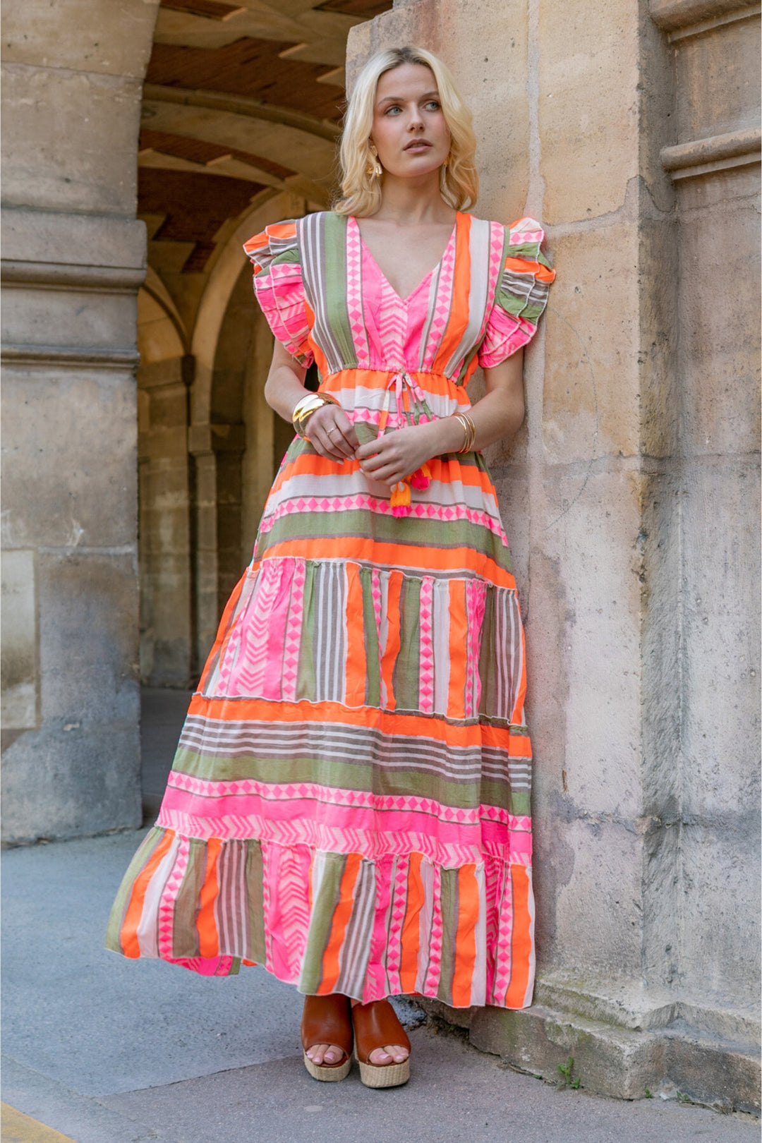 Neon Aztek Print Tiered Maxi Dress