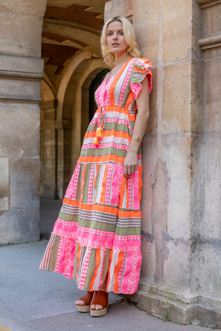 Neon Aztek Print Tiered Maxi Dress