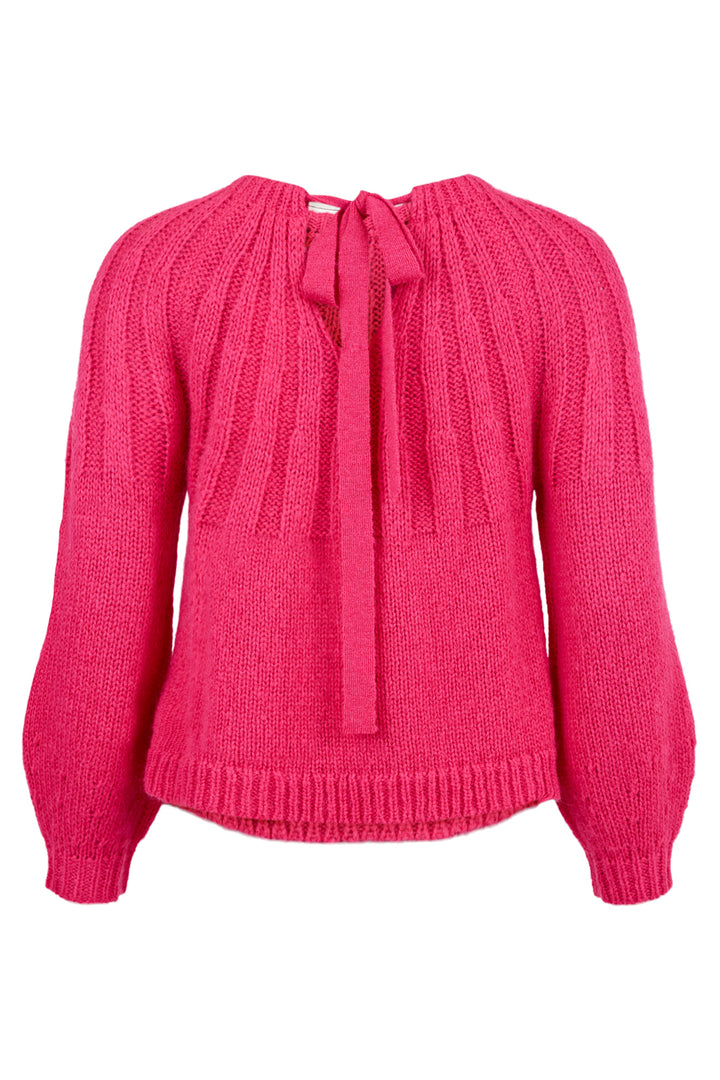 Pink knitted sweater with a tie detail on a white background
