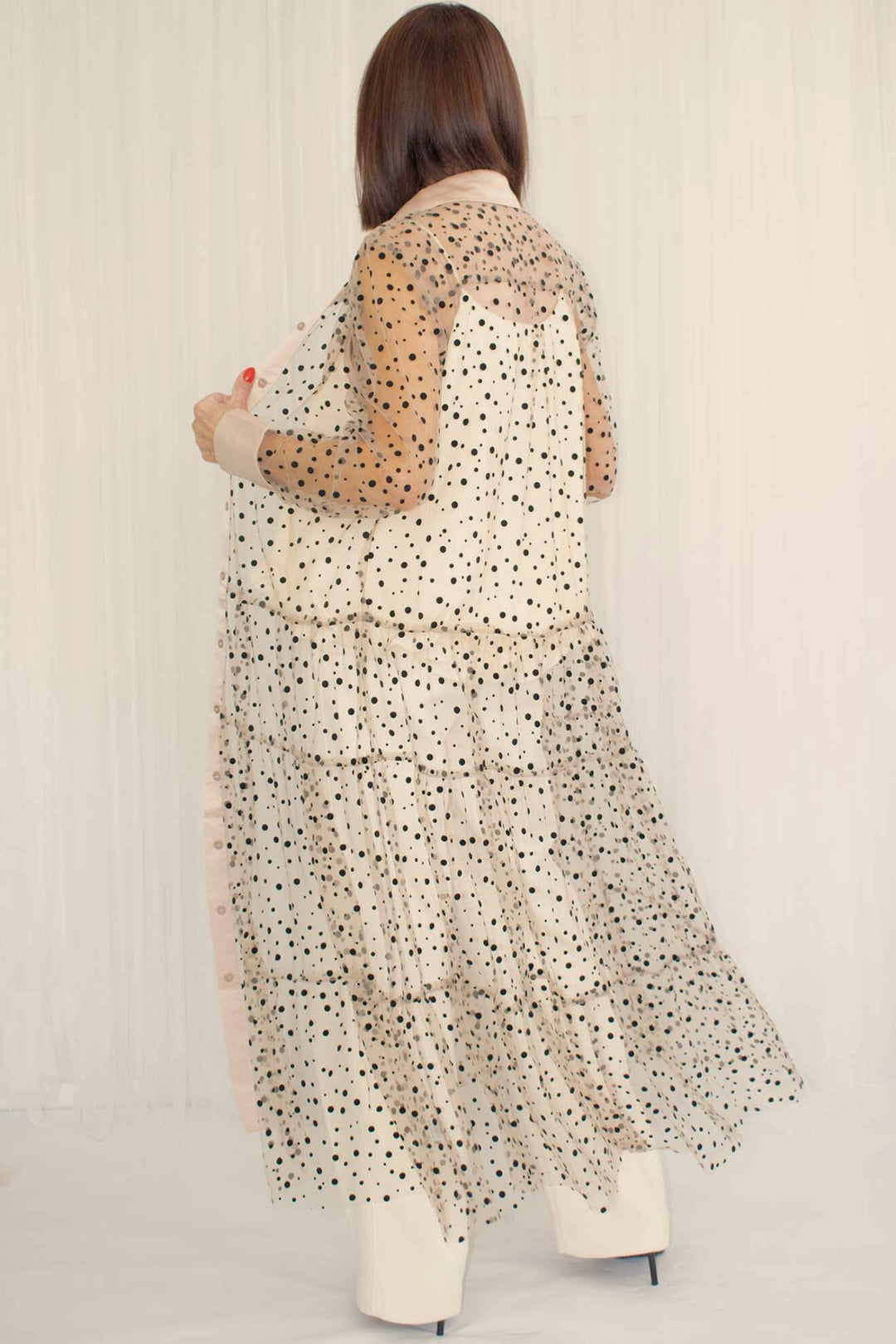 Nude Beige Semi-sheer Polka Dot Shirt Dress
