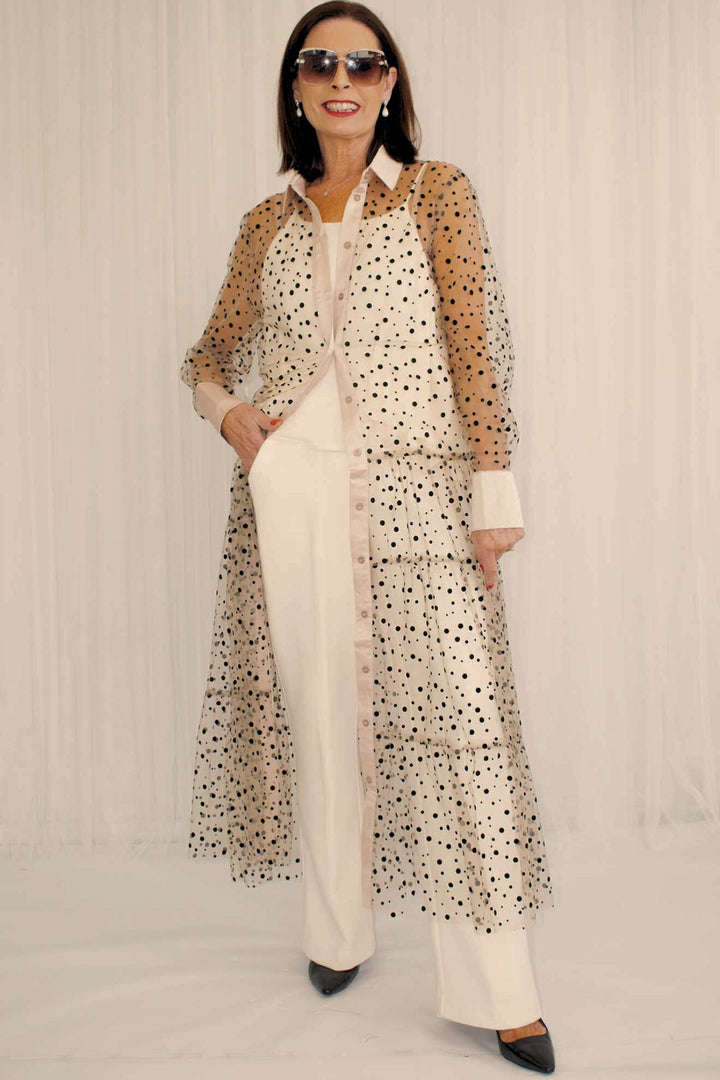 Nude Beige Semi-sheer Polka Dot Shirt Dress