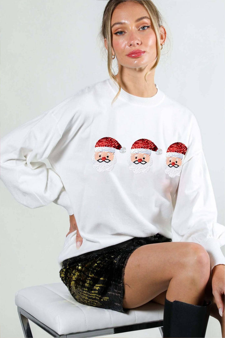 Off White Festive Santa Sequin Detail Knitted Jumper