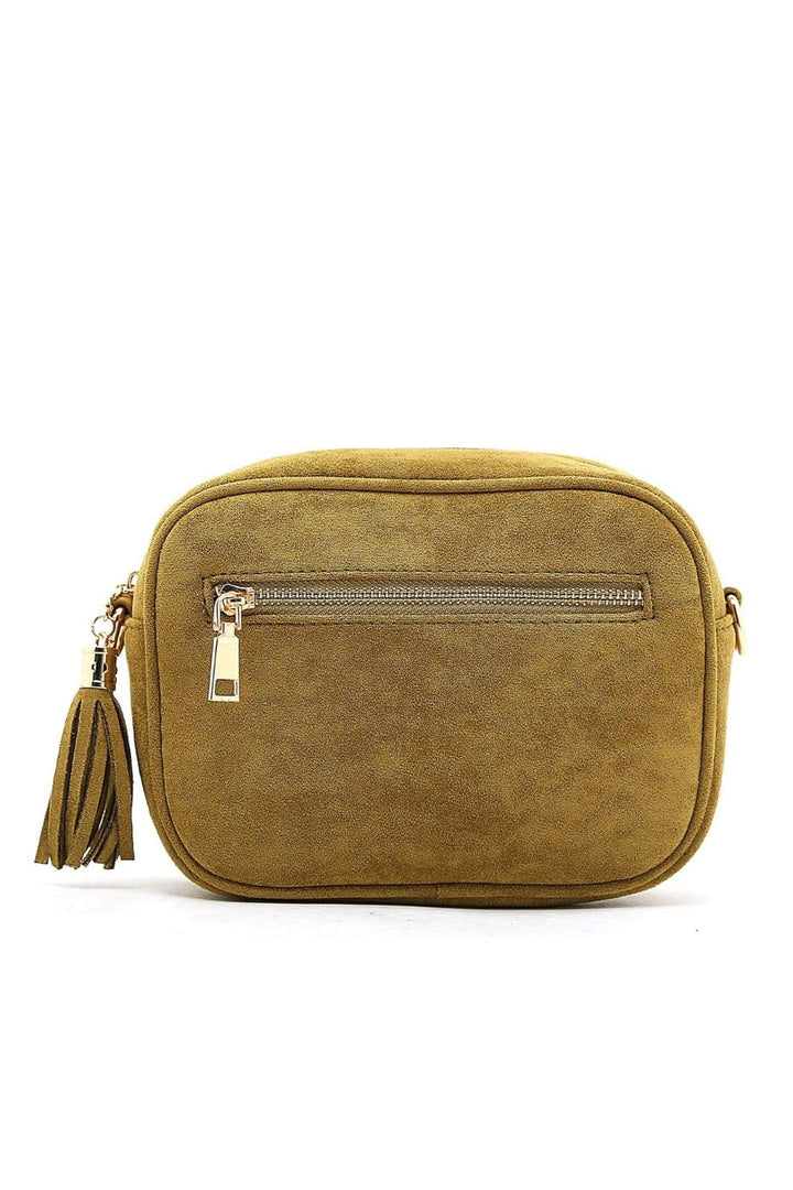 Olive Green Faux Suede Camera Bag With Funky Strap