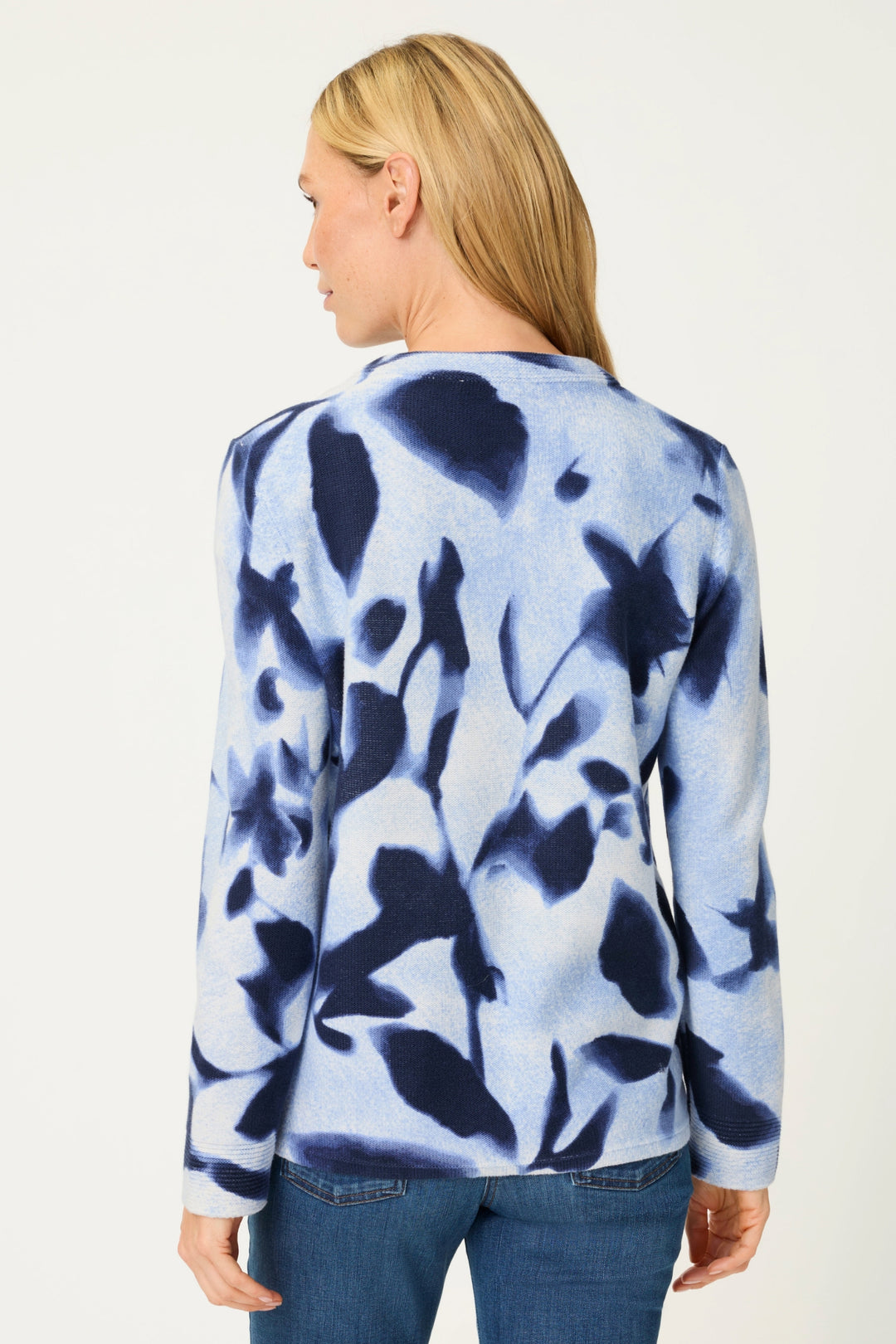 Olsen 11004813 Ink Blue Navy Abstract Print Zip Front Cardigan