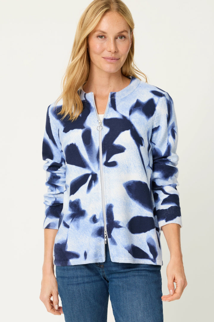 Olsen 11004813 Ink Blue Navy Abstract Print Zip Front Cardigan