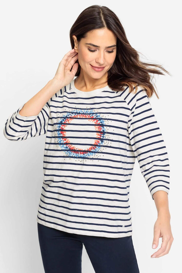 Olsen 11104774 Blue Striped Petal Print Embellished T-Shirt