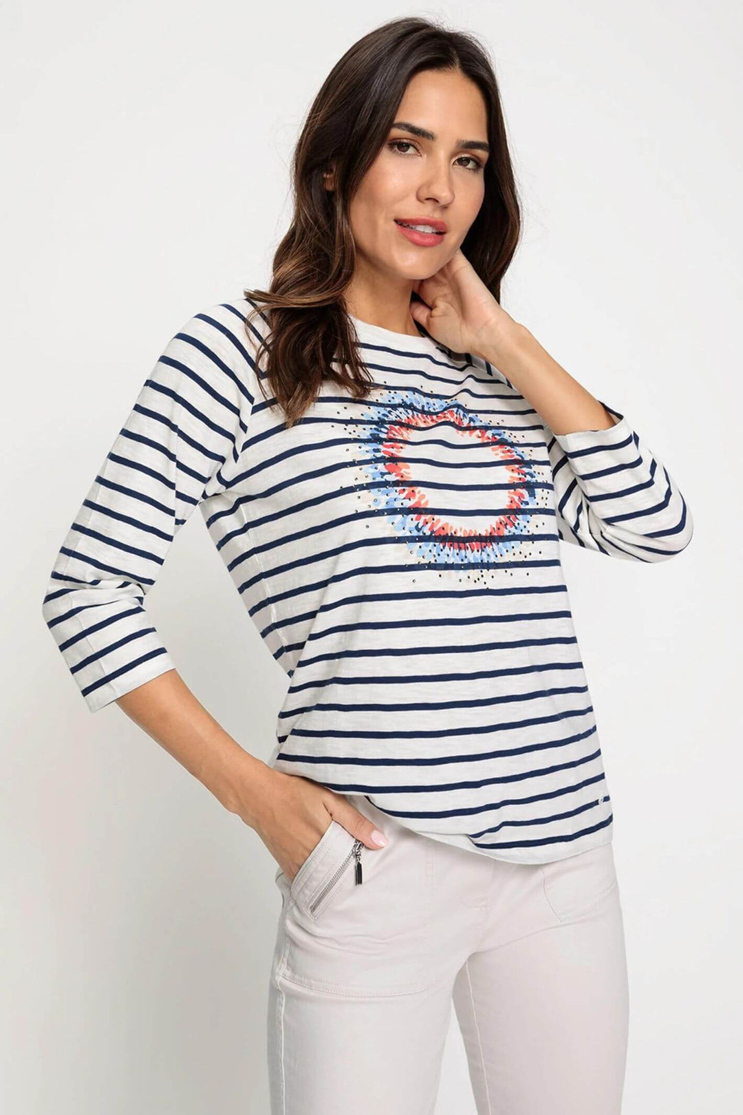 Olsen 11104774 Blue Striped Petal Print Embellished T-Shirt