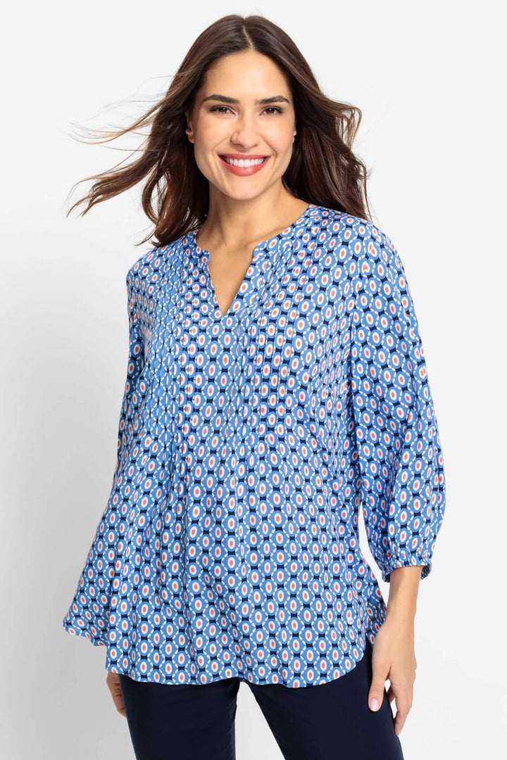 Olsen 12001881 Blue & Coral Geo Print Blouse