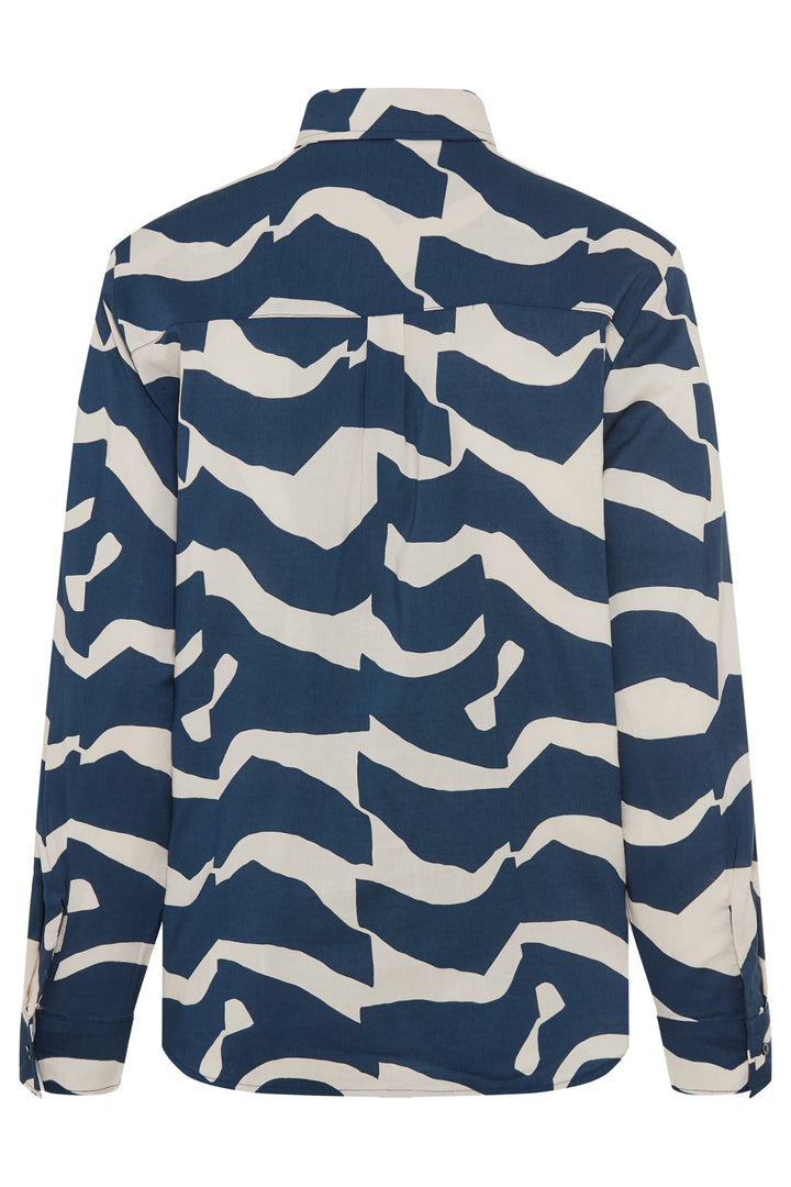 Blue and white patterned shirt on a white background