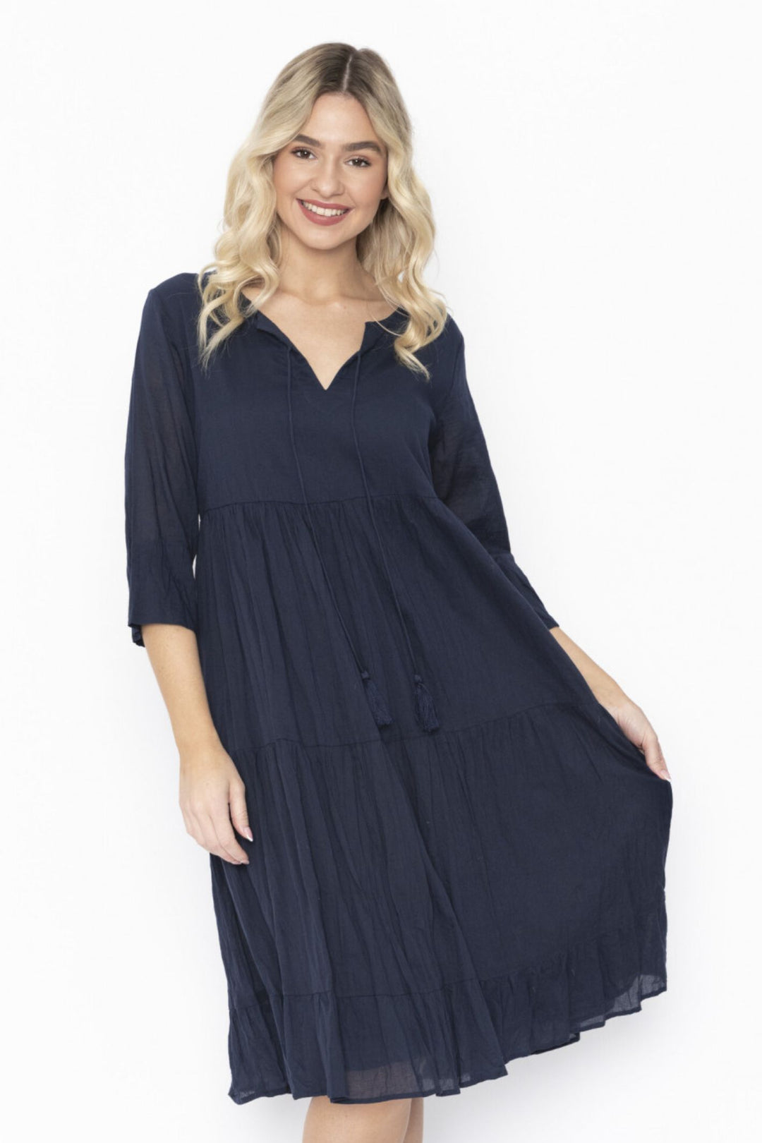 One Summer DW58D Navy Amber 3/4 Sleeve Smock Dress – Experience Boutique