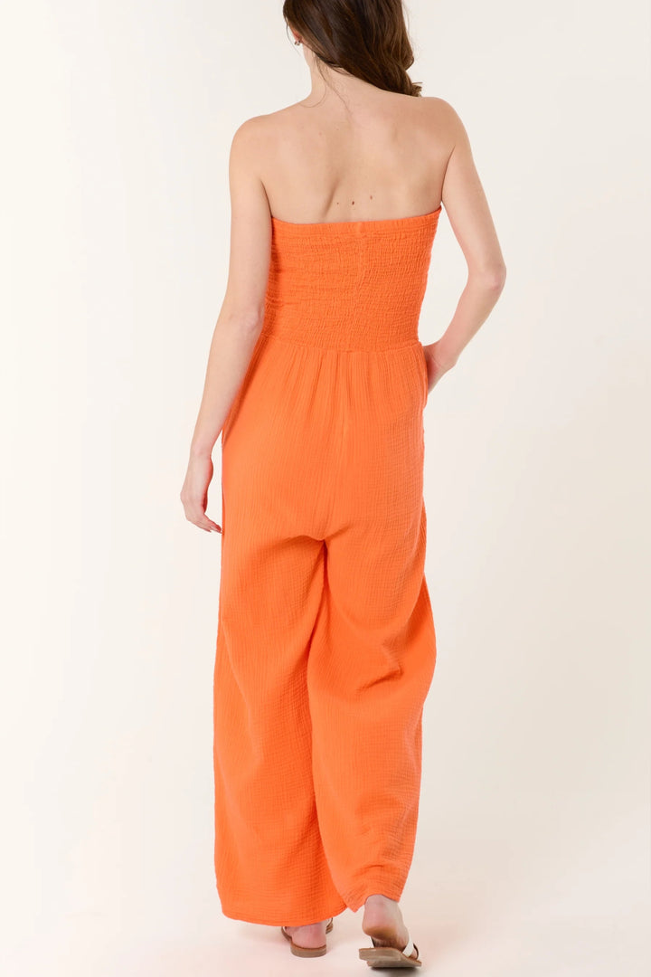 Orange Shirred Bandeau Wide Leg Jumpsuit