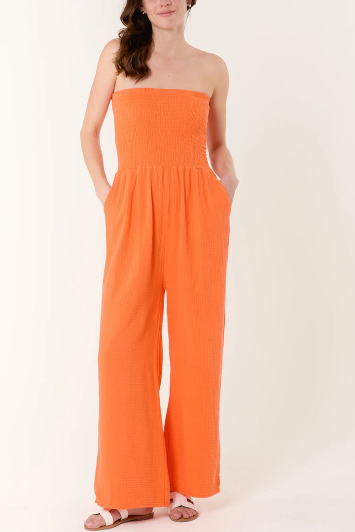 Orange Shirred Bandeau Wide Leg Jumpsuit