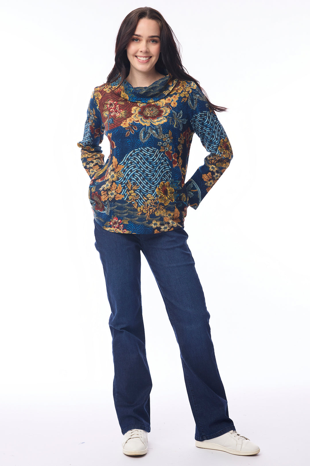 Orientique 23121 Maluku Print Cowl Neck Top at Experience Boutique