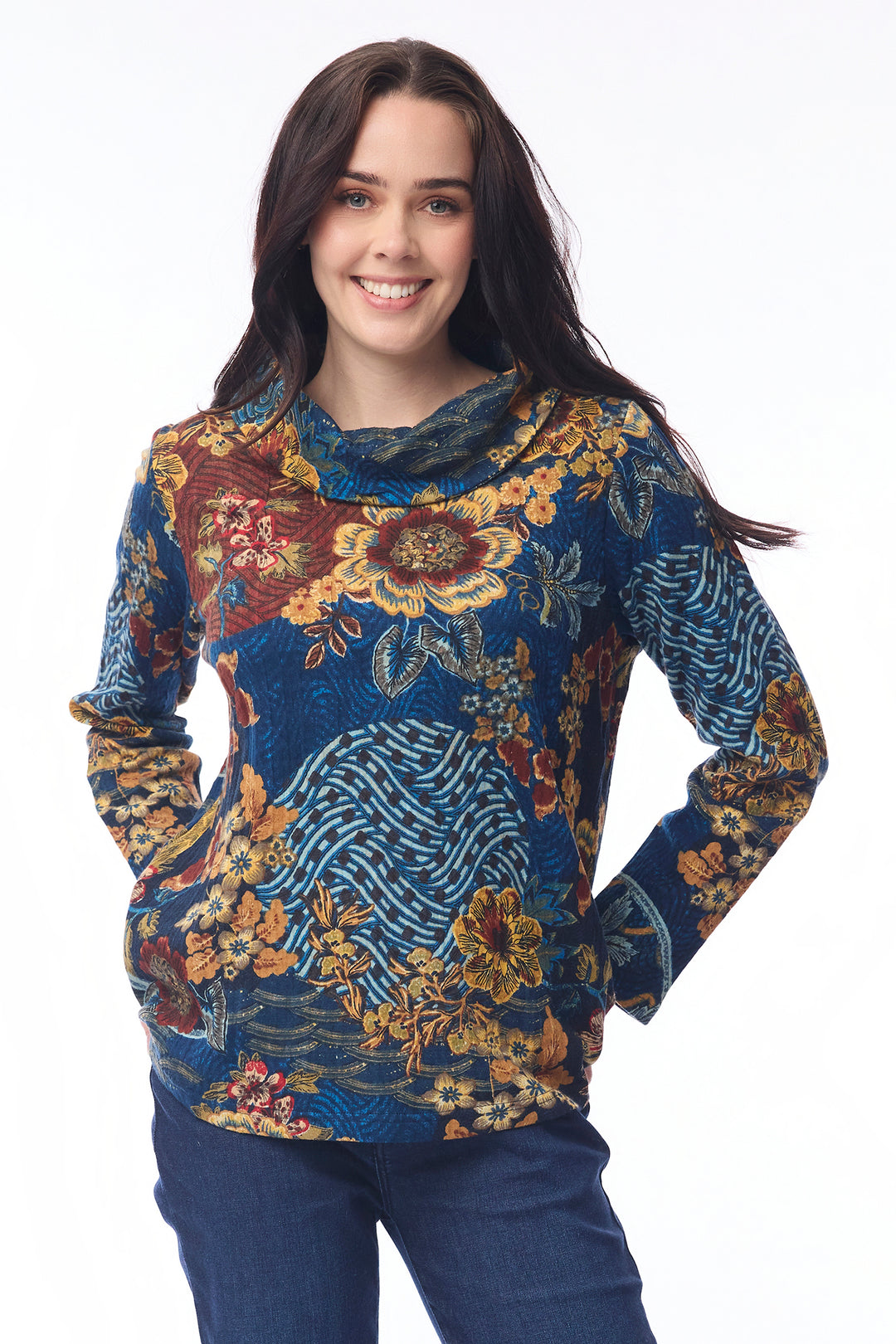 Orientique 23121 Maluku Print Cowl Neck Top at Experience Boutique