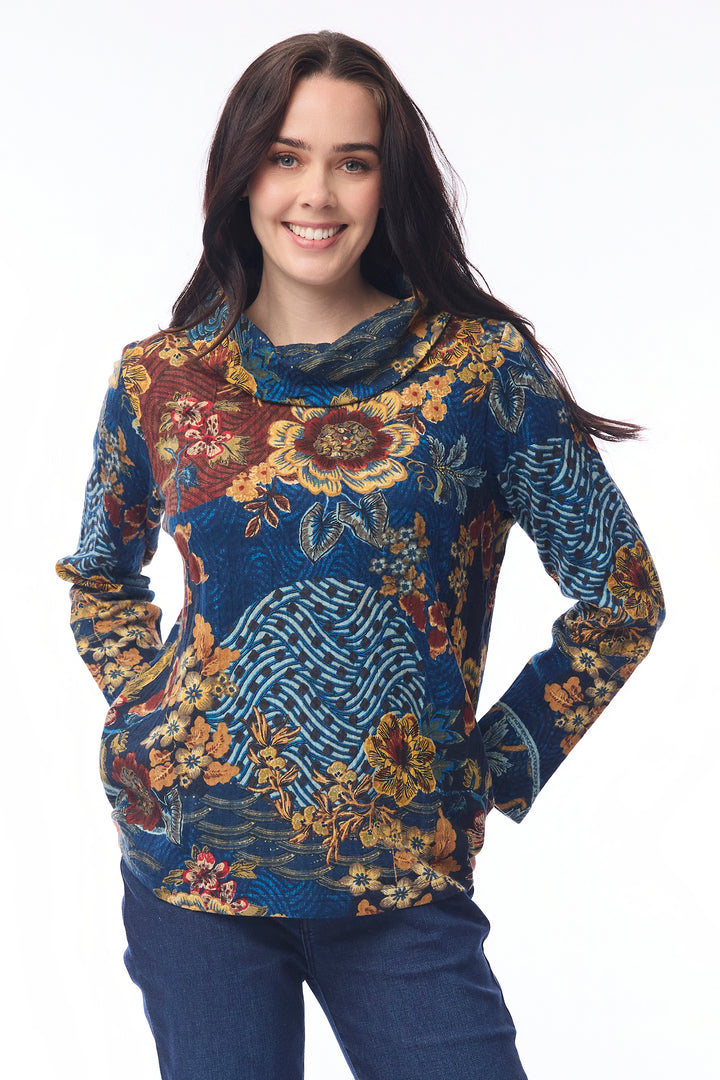 Orientique 23121 Maluku Print Cowl Neck Top at Experience Boutique