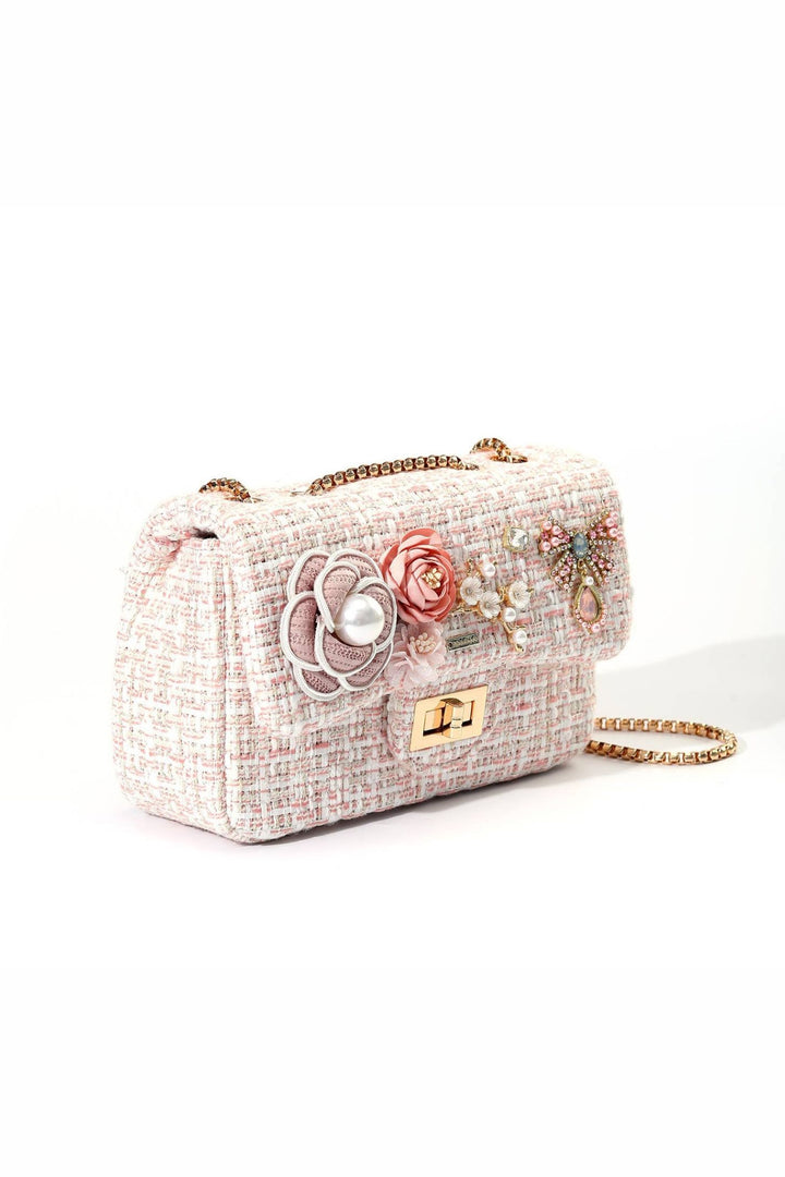 Floral and Pink Crystal Bow Tweed Bag