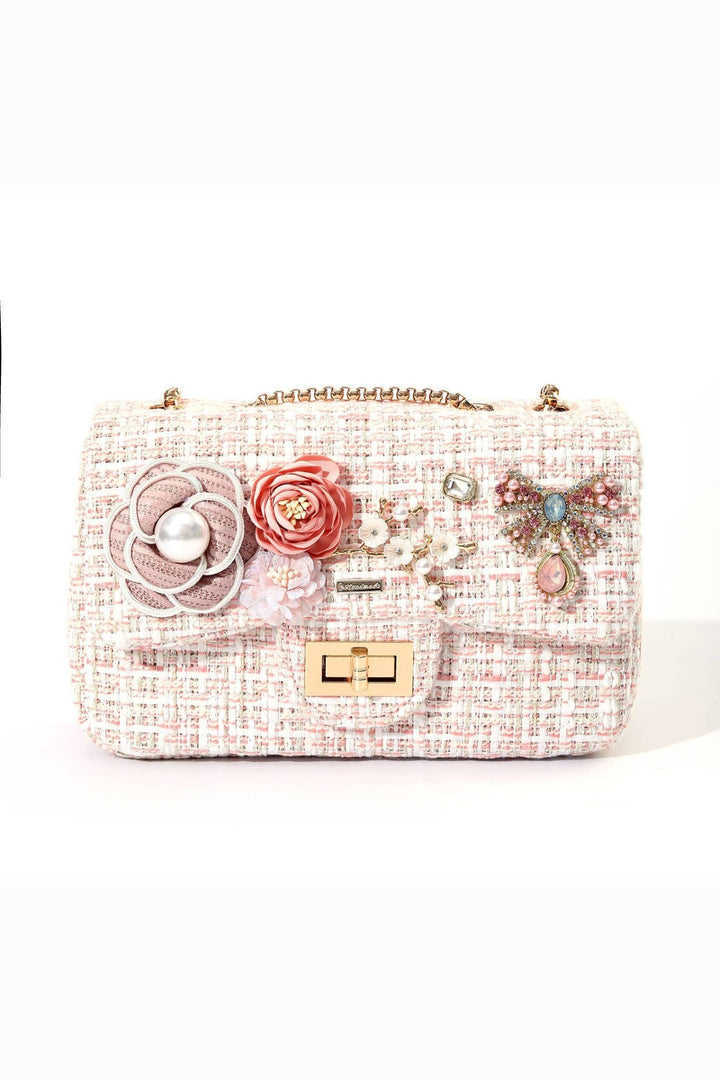 Floral and Pink Crystal Bow Tweed Bag