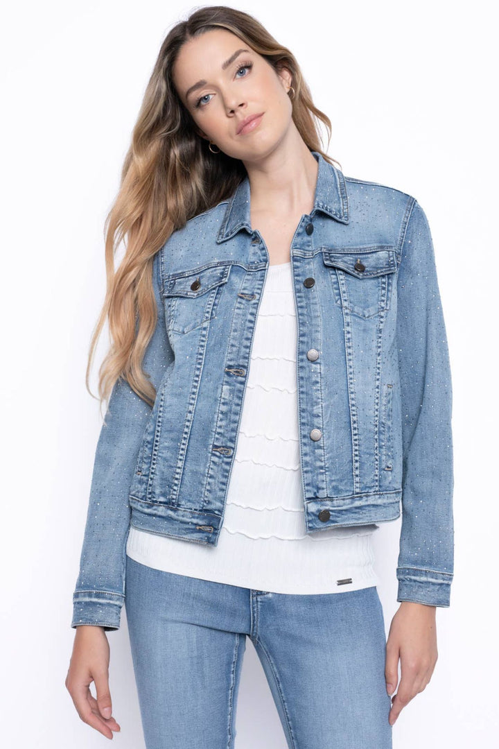 Picadilly J6460 Light Blue Allover Rhinestone Denim Jacket