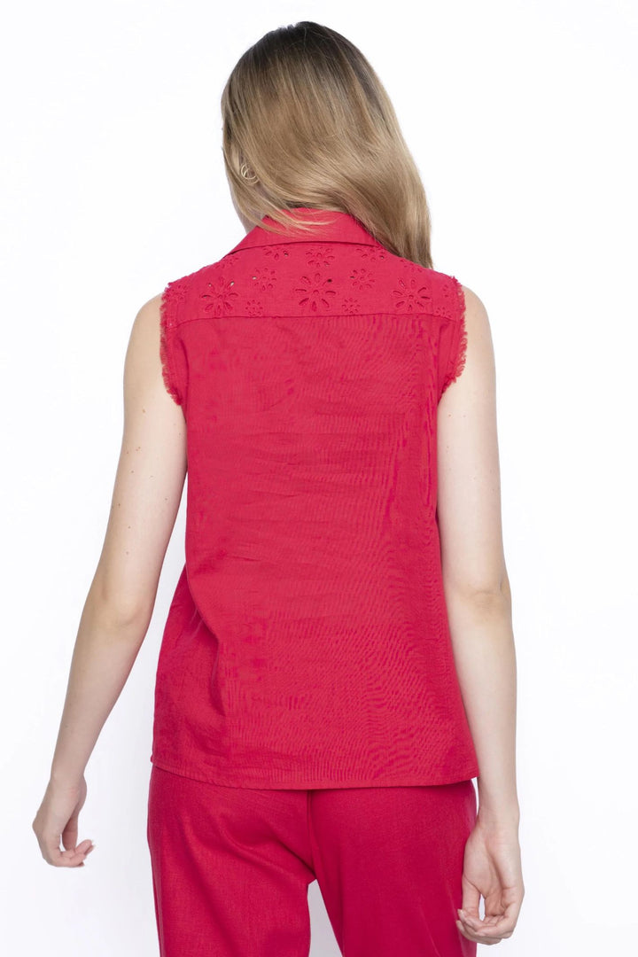 Picadilly JM327 Cerise Sleeveless Eyelet Yoke Linen Blouse