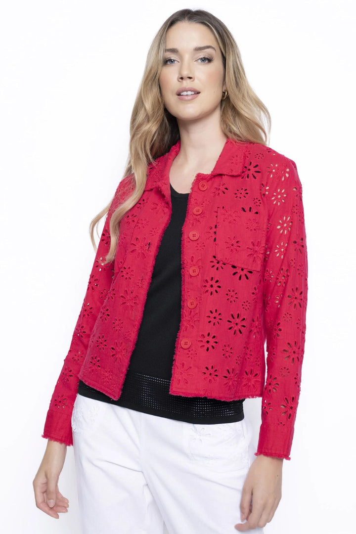 Picadilly JM516 Cerise Eyelet Embellished Linen Jacket - Experience Boutique