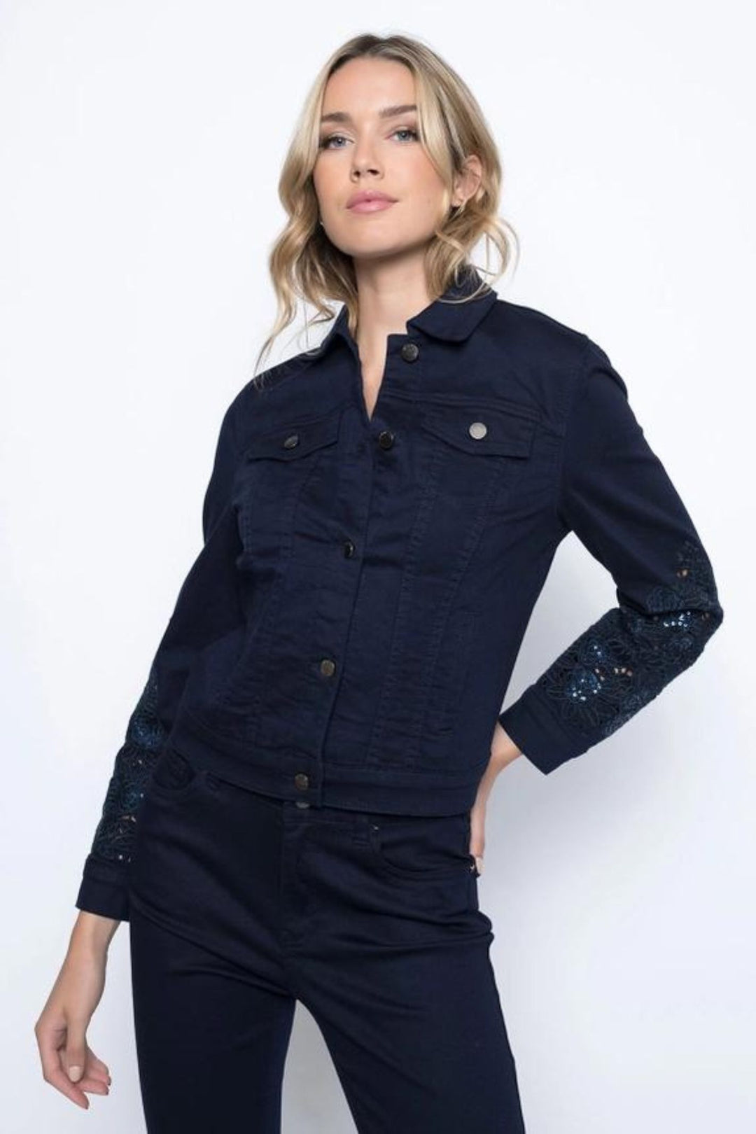 Picadilly E6403 Navy Cut Out Embroidered Denim Jacket
