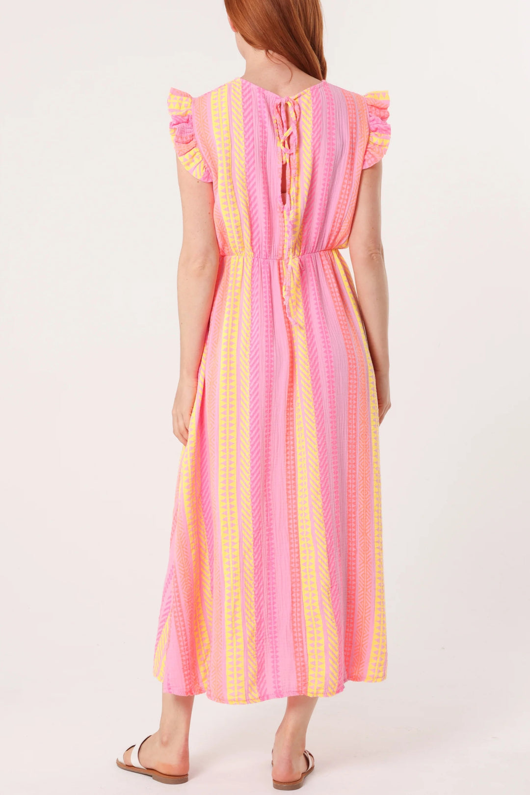 Pink Aztec Print Ruffle Sleeve Maxi Dress