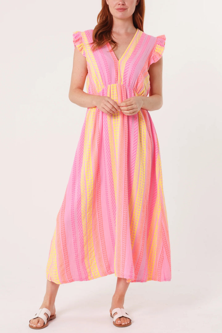 Pink Aztec Print Ruffle Sleeve Maxi Dress