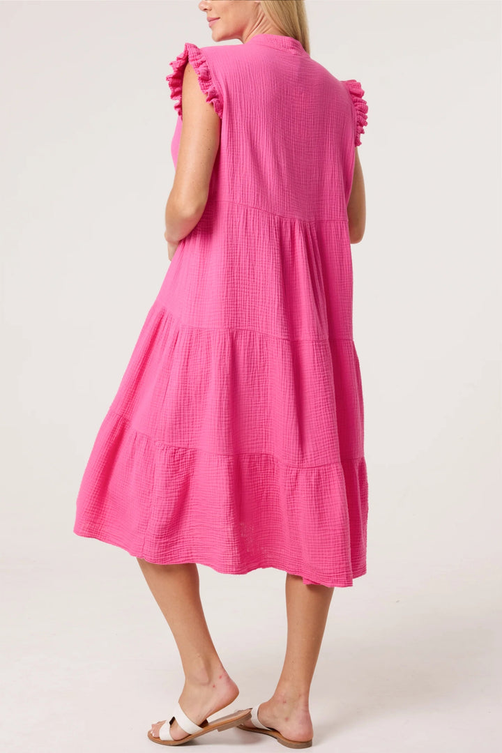 Pink Cotton Frilled Sleeve Midi Dress