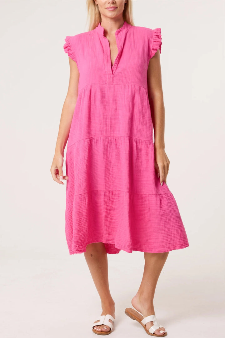 Pink Cotton Frilled Sleeve Midi Dress