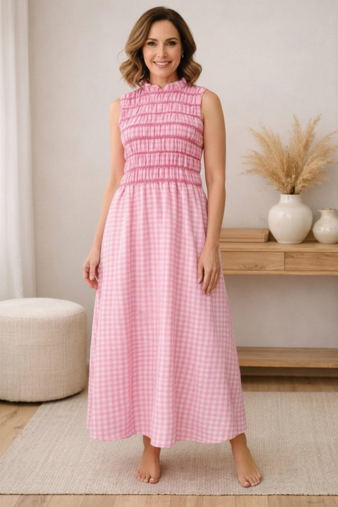 Pink Gingham Shirred Maxi Dress
