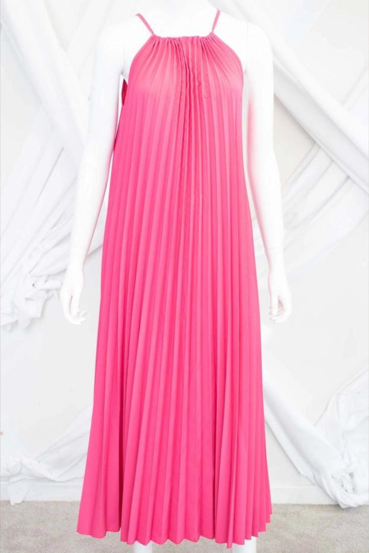 Pink Tie Neckline Pleated Maxi Dress