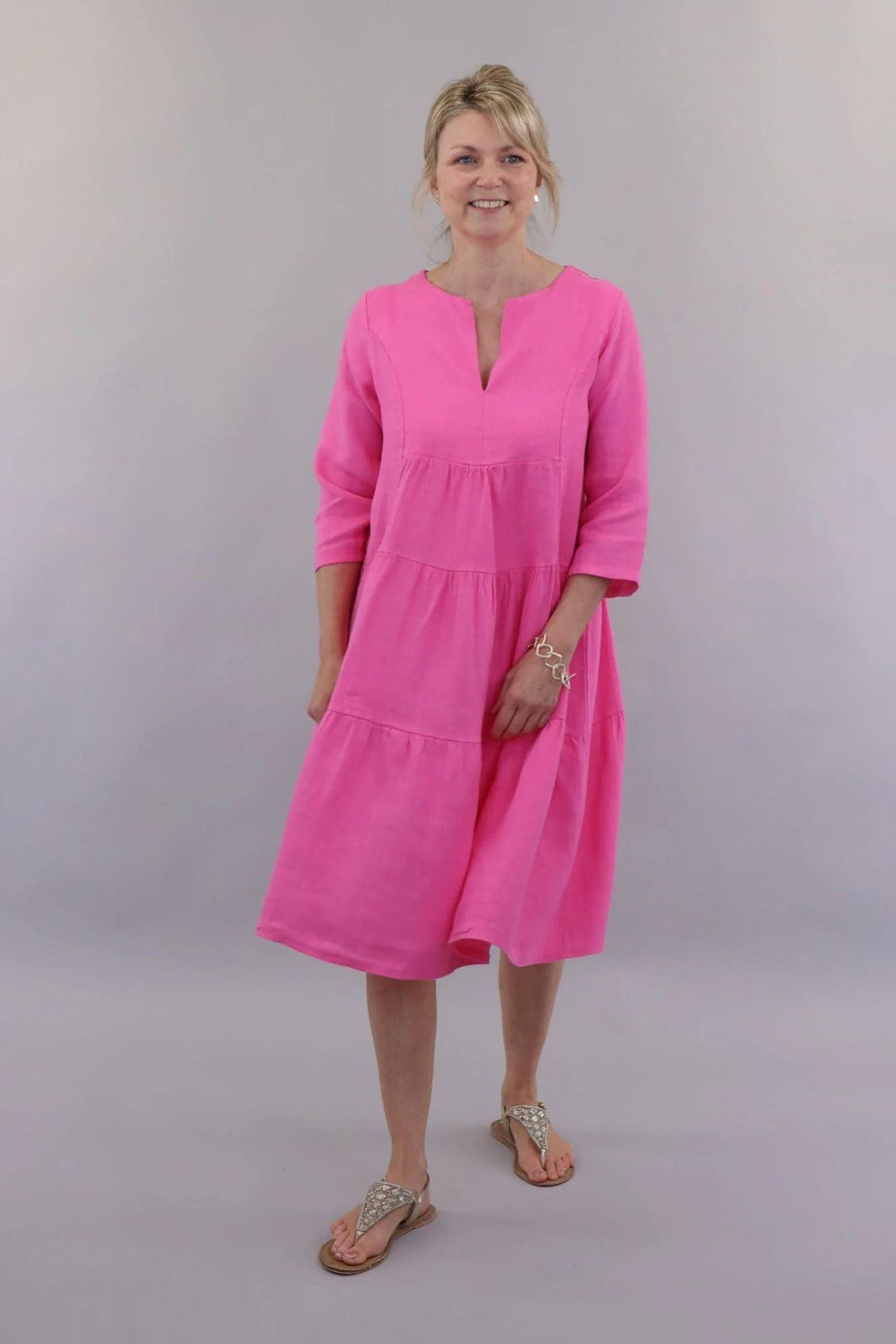 Pink Tiered Linen Dress