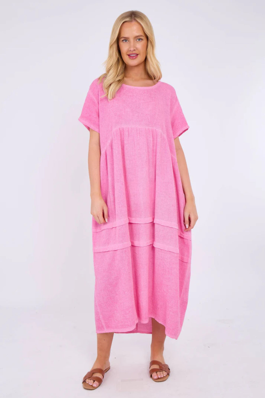 Pink Washed Linen Bubble Hem Dress