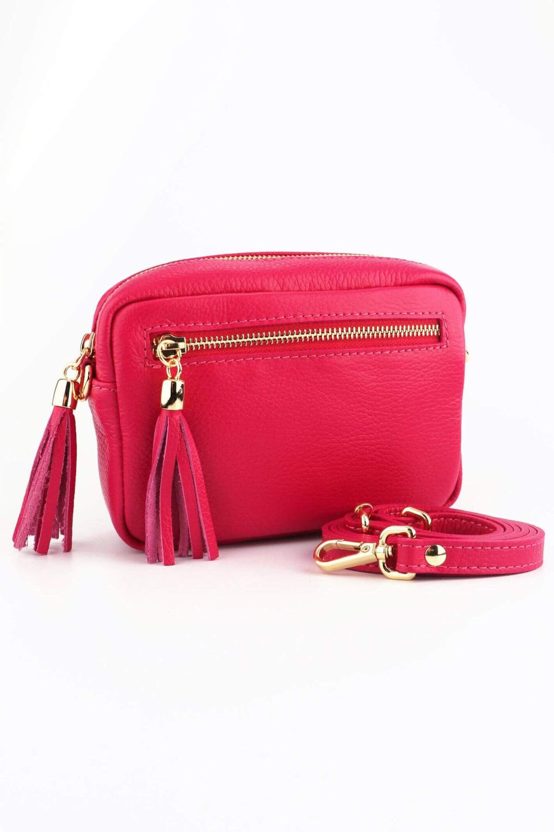 Raspberry Pink Small Leather Crossbody Camera Bag