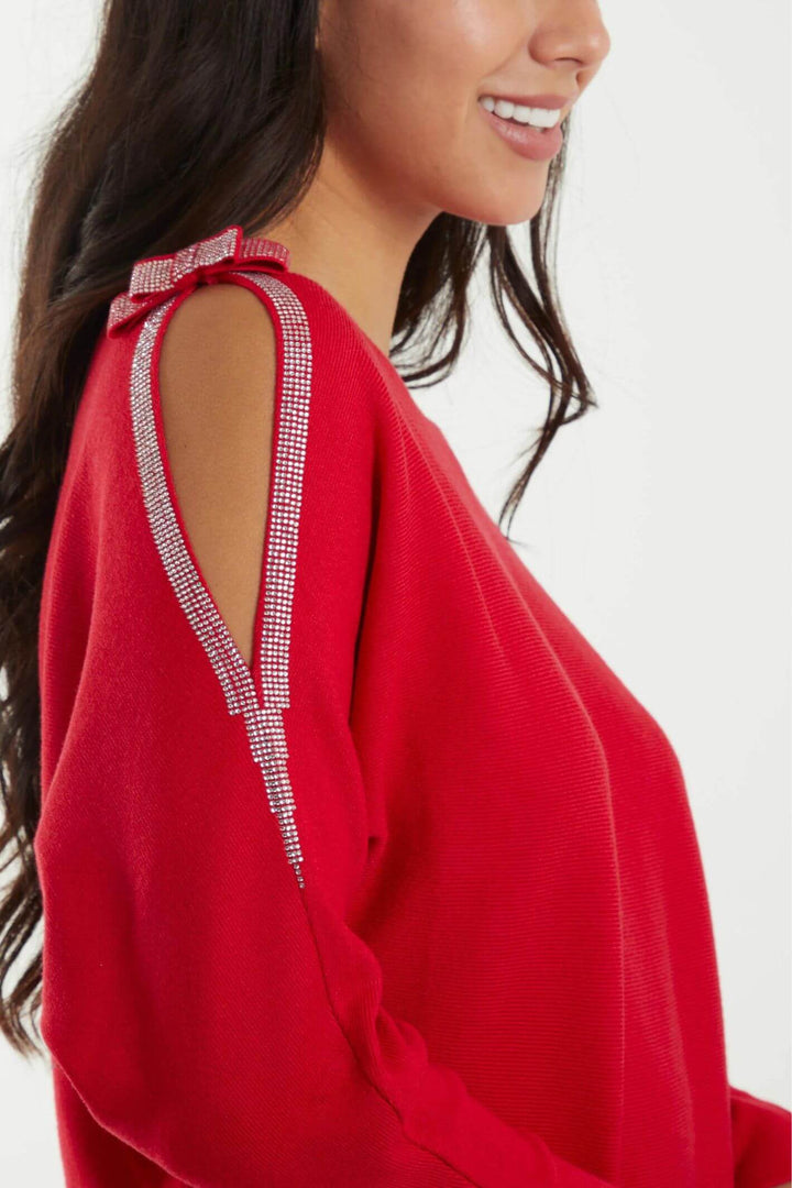 Red Diamante Bow Shoulder Batwing Jumper