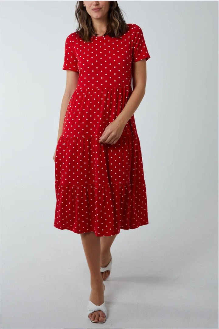 Red & White Polka Dot Tiered Midi Dress