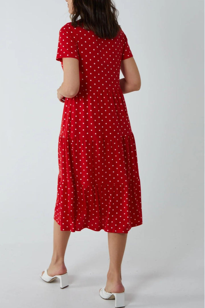Red & White Polka Dot Tiered Midi Dress