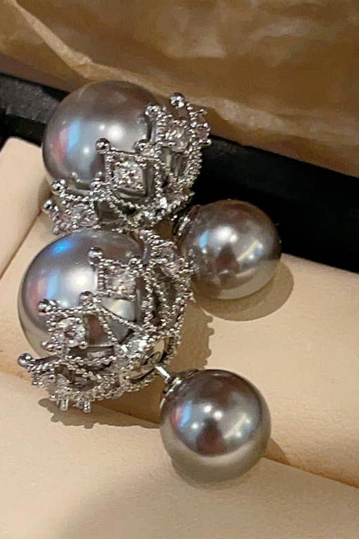 Grey Pearl Earrings with Crystal Embellished Crowns