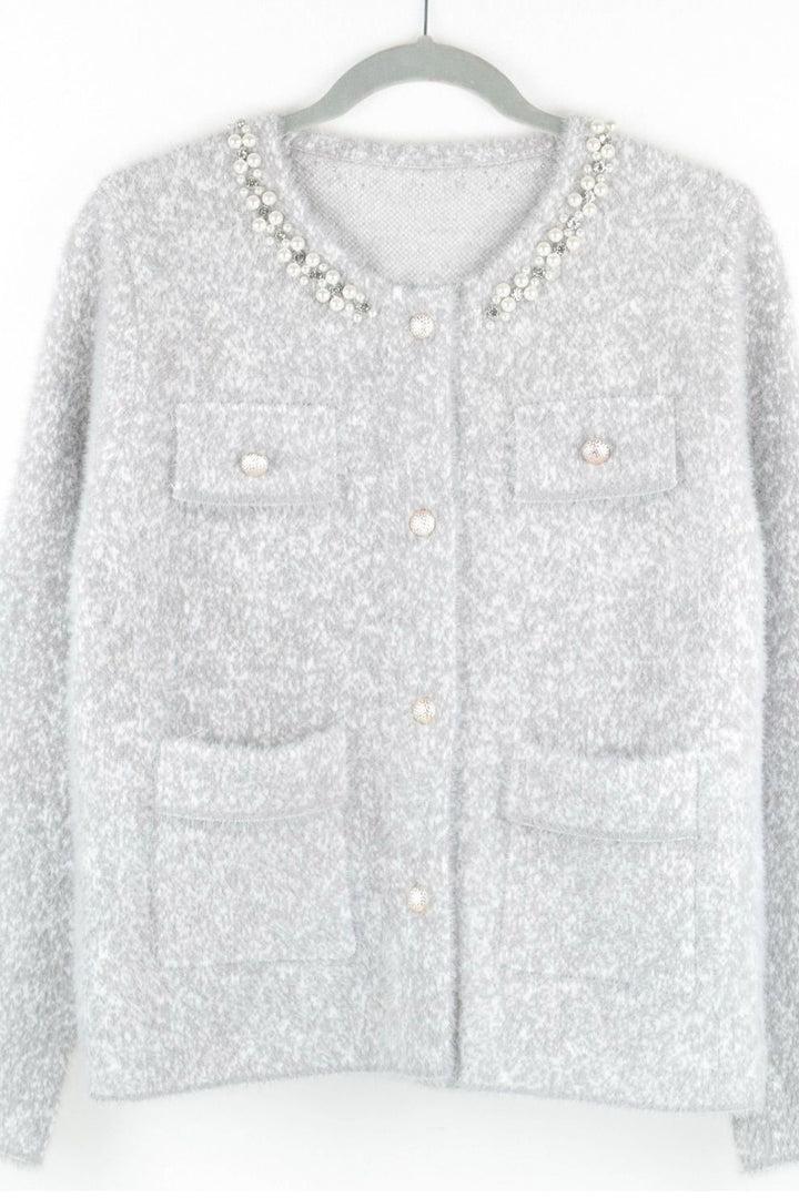 Silver Sparkling Collar Soft Knit Pocket Cardigan