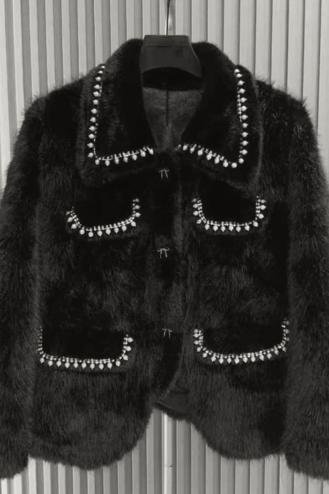 Luxurious Black Faux Fur Pearl Embellished Jacket