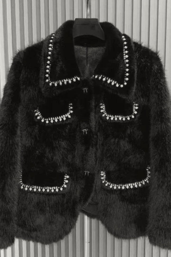 Luxurious Black Faux Fur Pearl Embellished Jacket
