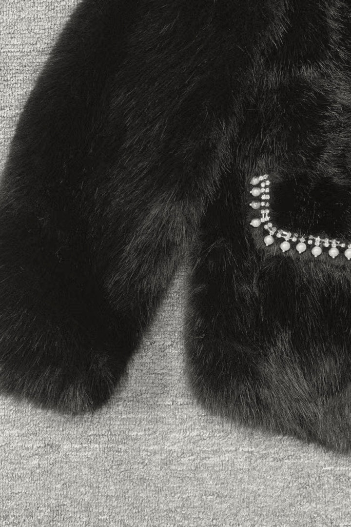 Luxurious Black Faux Fur Pearl Embellished Jacket