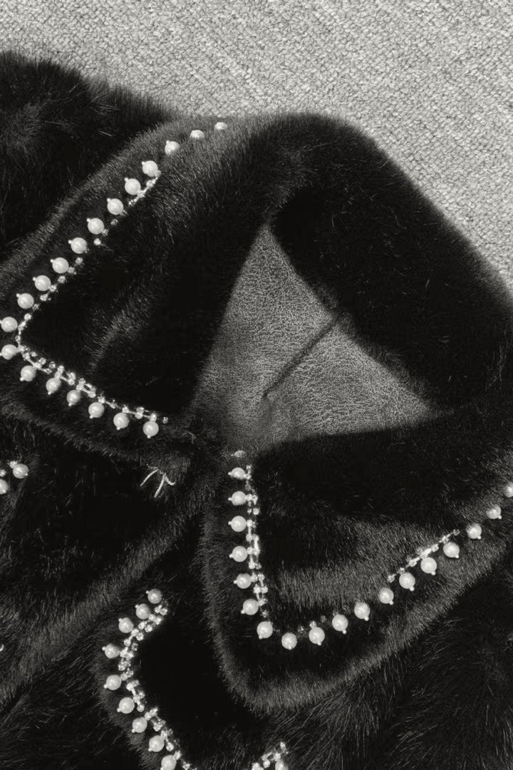Luxurious Black Faux Fur Pearl Embellished Jacket
