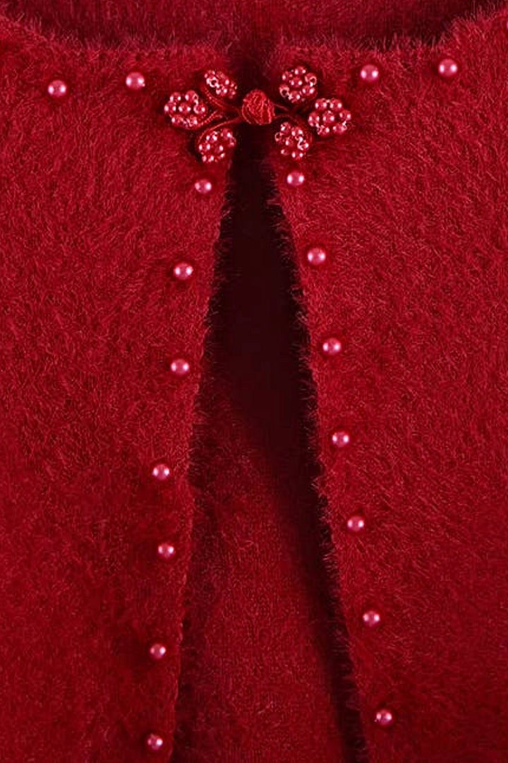 Red Pearly Eyelash Knit Cape Shrug